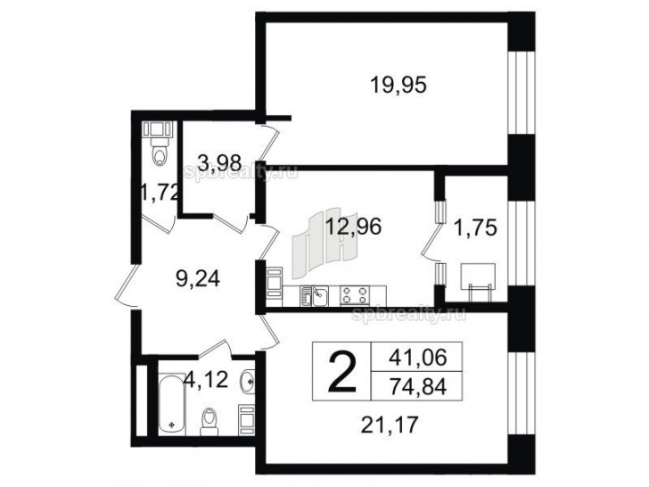 Двухкомнатная квартира 74.84 м²