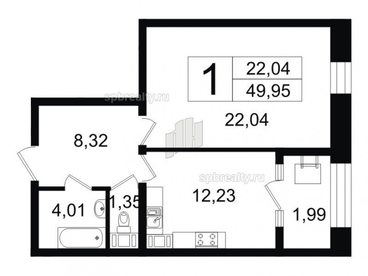 Однокомнатная квартира 49.95 м²
