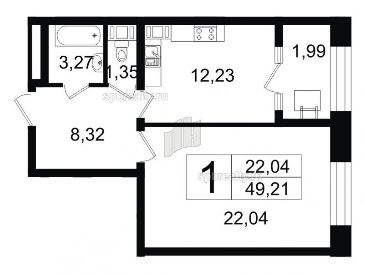 Однокомнатная квартира 49.21 м²