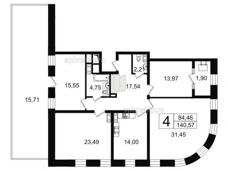 Четырёхкомнатная квартира 140.57 м²