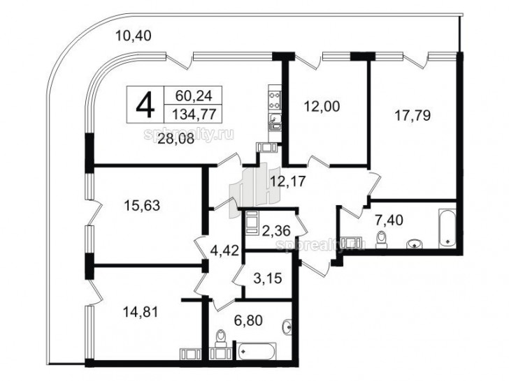 Четырёхкомнатная квартира 134.77 м²