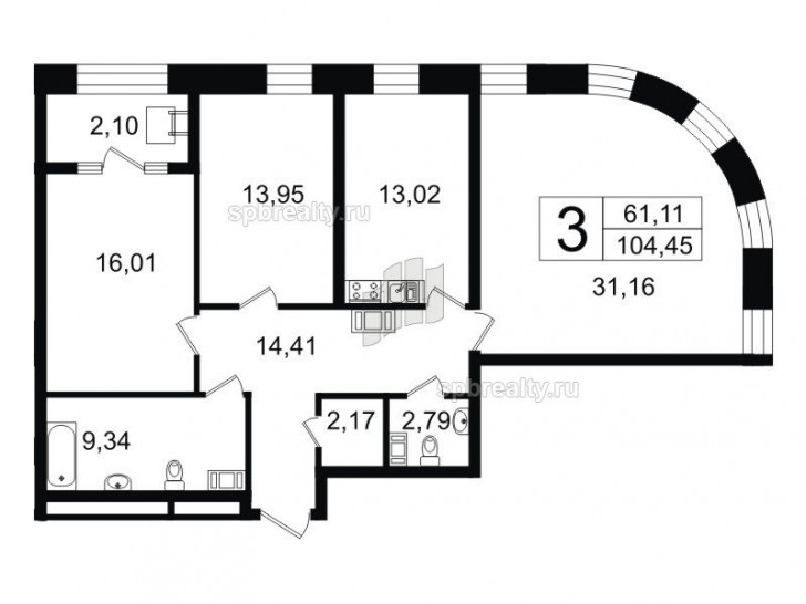 Трёхкомнатная квартира 104.45 м²